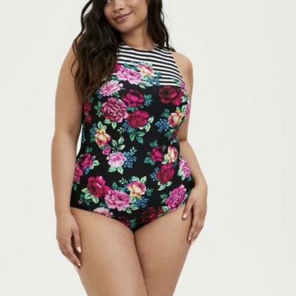 torrid Other - torrid active wireless high neck open back striped floral one piece swimsuit